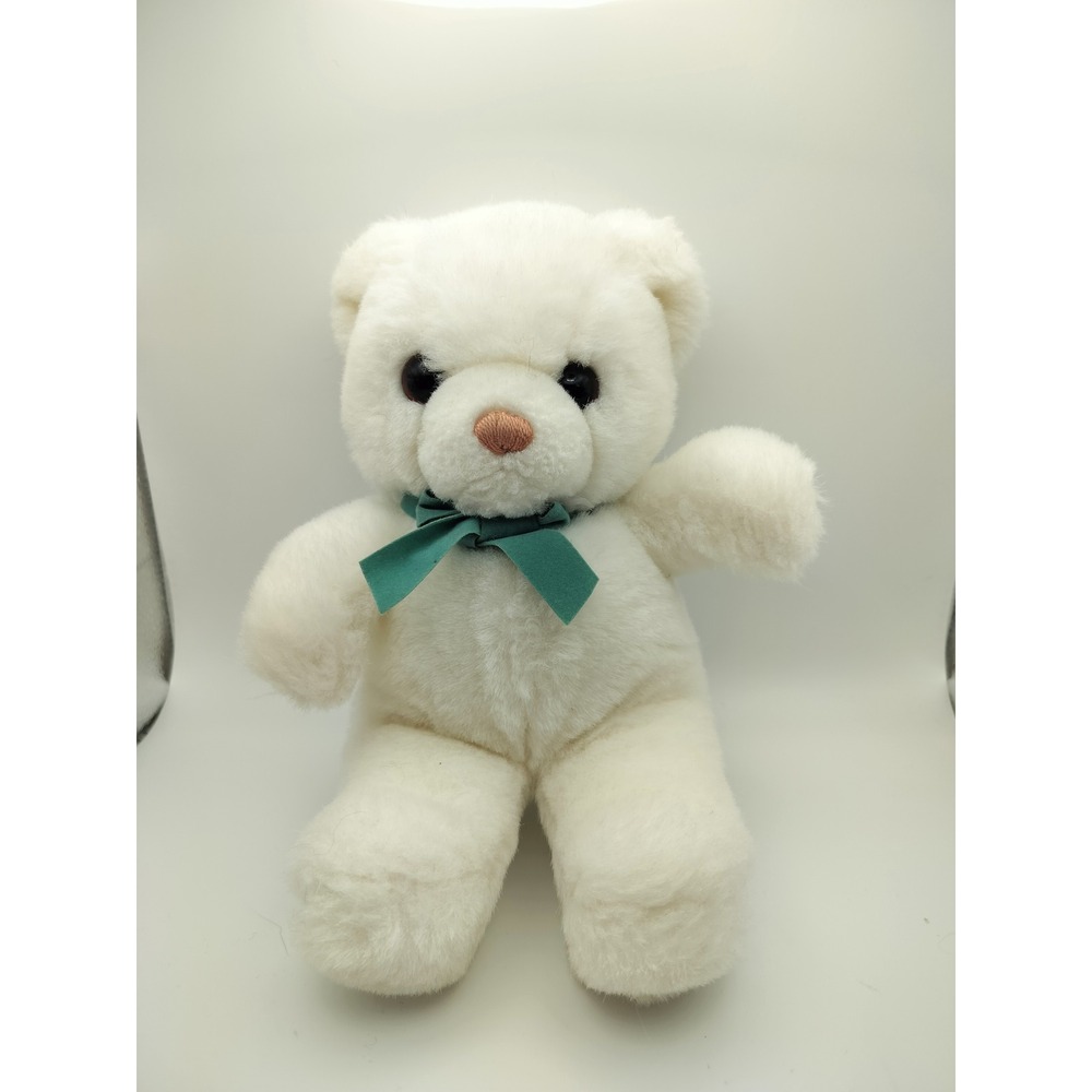 Vintage Tender Teddy with Green Bow 1989 Small White Plush Retro Toy from Gund